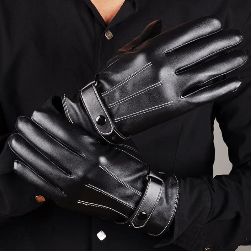 Winterhandschuhe für Herren, PU-Leder, Knopf, warme Fäustlinge, Outdoor-Sport, Fahren, Skifahren, Herren, winddicht, schwarze Handschuhe, Winterzubehör