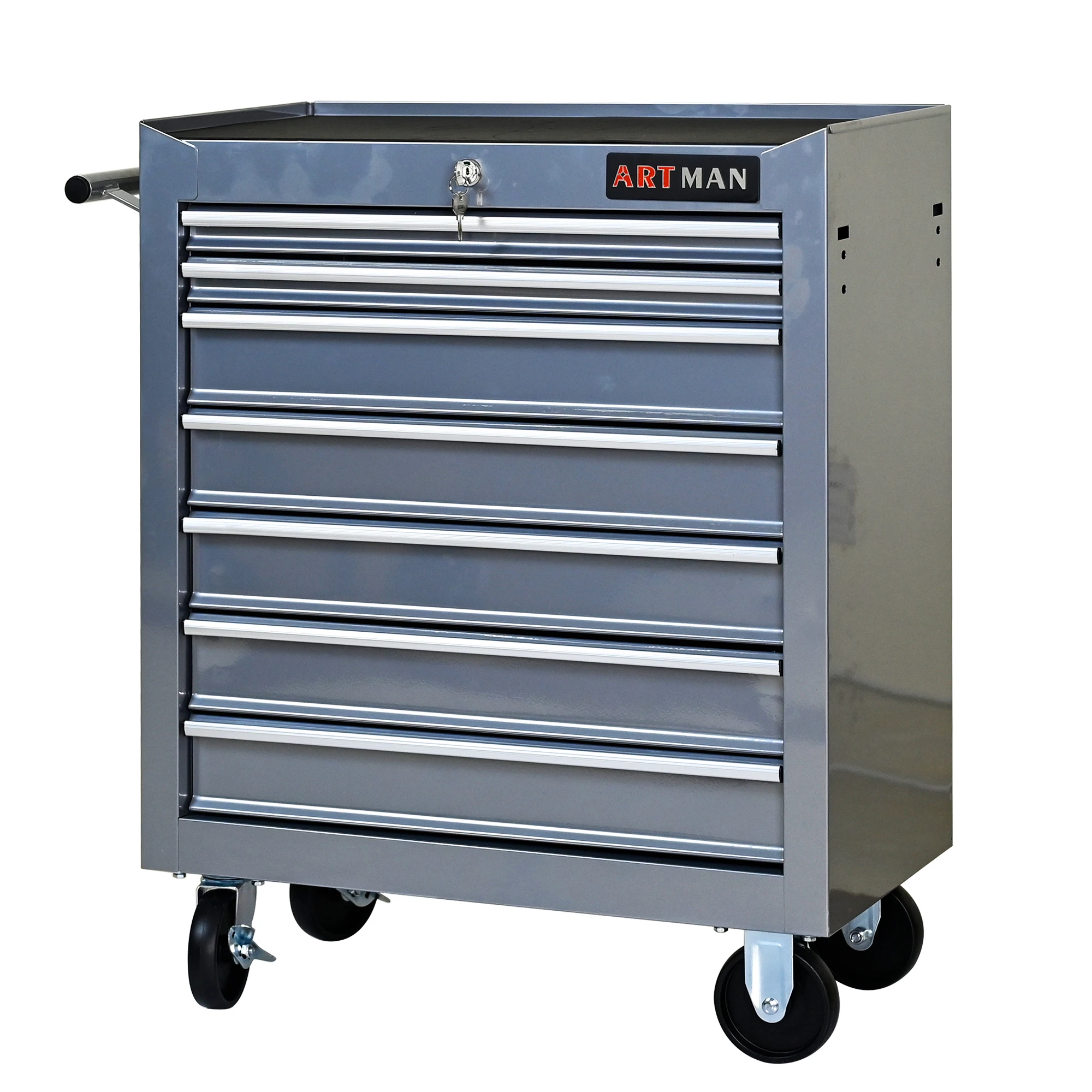 Cabinet, Box, 7 Drawer Rolling Tool Box with Key Lock for Garages, Workshops, Repair Shops, silver; Steel Rolling Tool Boxes