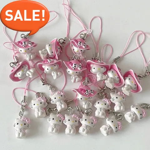 Kawaii Pink Bow Hat Hello Kitty Keychain Harajuku Girl Angel Hello Kitty Bag Mobile Phone Pendant Charm Birthday Gift Ornament