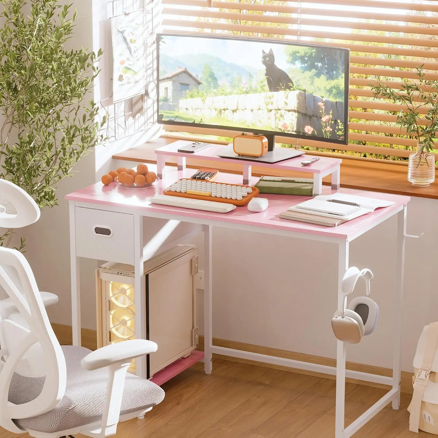 39-Inch Pink Computer Desk with Monitor Stand, Storage Drawer, Adjustable Feet for Home Office Study