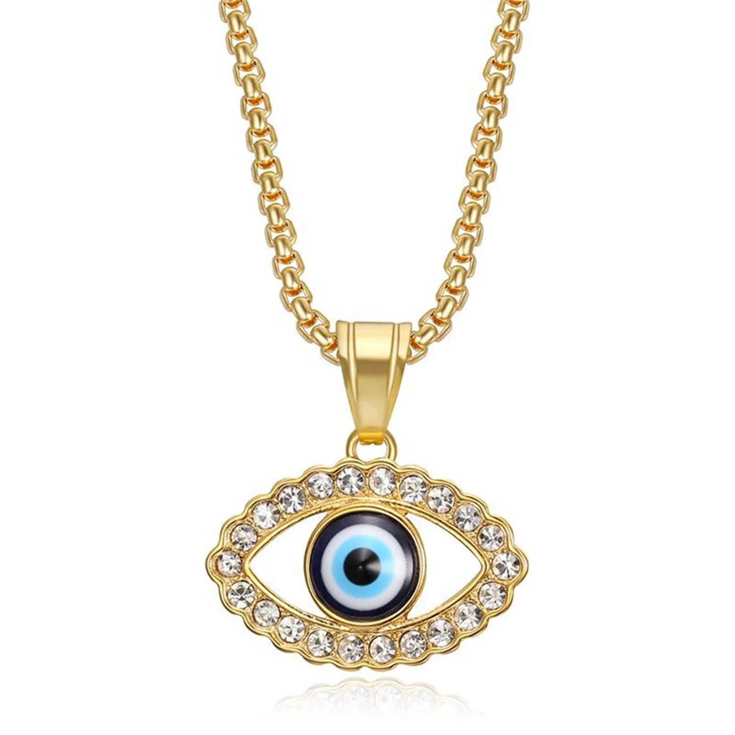 

Hip Hop Iced Out Evil Eye Pendant Dropshipping Gold Color Stainless Steel Turkish Eye Amulet Necklace for Men Women Jewelry Gift