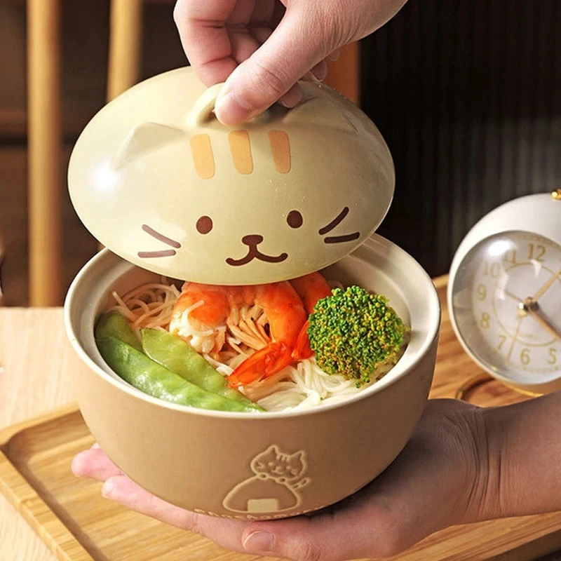 Japanese Creative Ceramic Soup Bowl Cute Cartoon Animals with Lid Cat Bowl Household Instant Noodles Bowl Rice Bowl Tableware