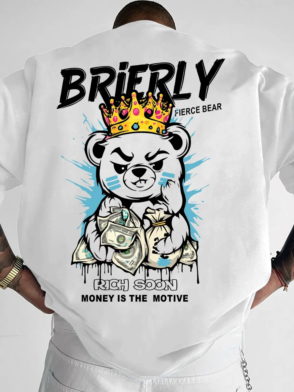 تي شيرت رجالي صيفي أمريكي الثروة تيدي بير مطبوع عليه حروف مريحة قابلة للتنفس برقبة دائرية في الهواء الطلق #1