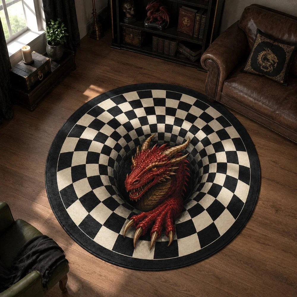 Dragon Swirl Area Rug Geometric Checkerboard Circle Rug Beautiful Entryway Living Room Bedroom Cozy home Floor Mat