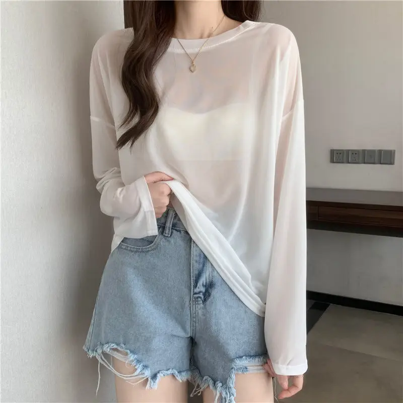 여성용 여름 화이트 루즈핏 긴팔 라운드넥 레이온 니트 탑 가벼운 자외선 차단 다용도 커버업 레이어링 셔츠