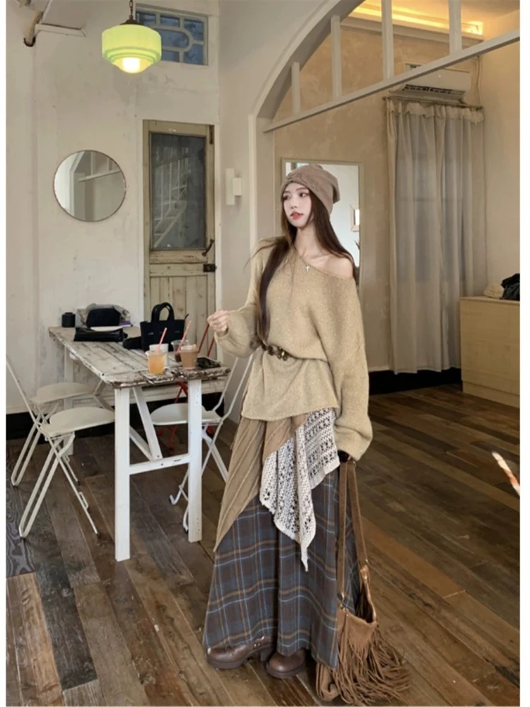 

Ретро клетчатая юбка трапециевидной формы с высокой талией, женская новинка 2024, осень-зима, асимметричный дизайн, длинная юбка Sense