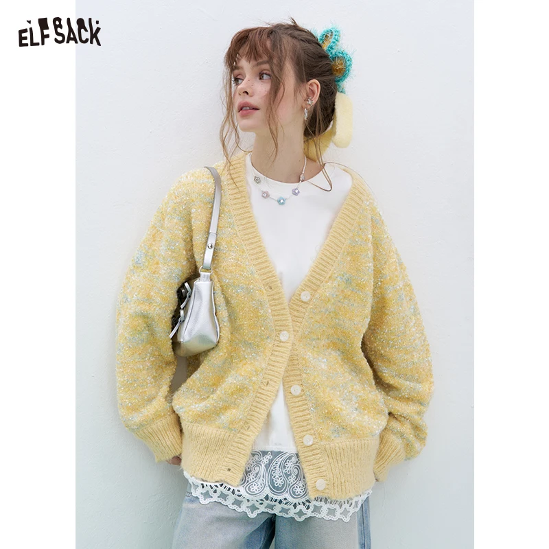 ELFSACK 2025 Spring New Arrivals Lucky Goldfish Sequin Embroidery Lace Stitching T-shirt Basic Casual Round Neck Long Sleeve Kor