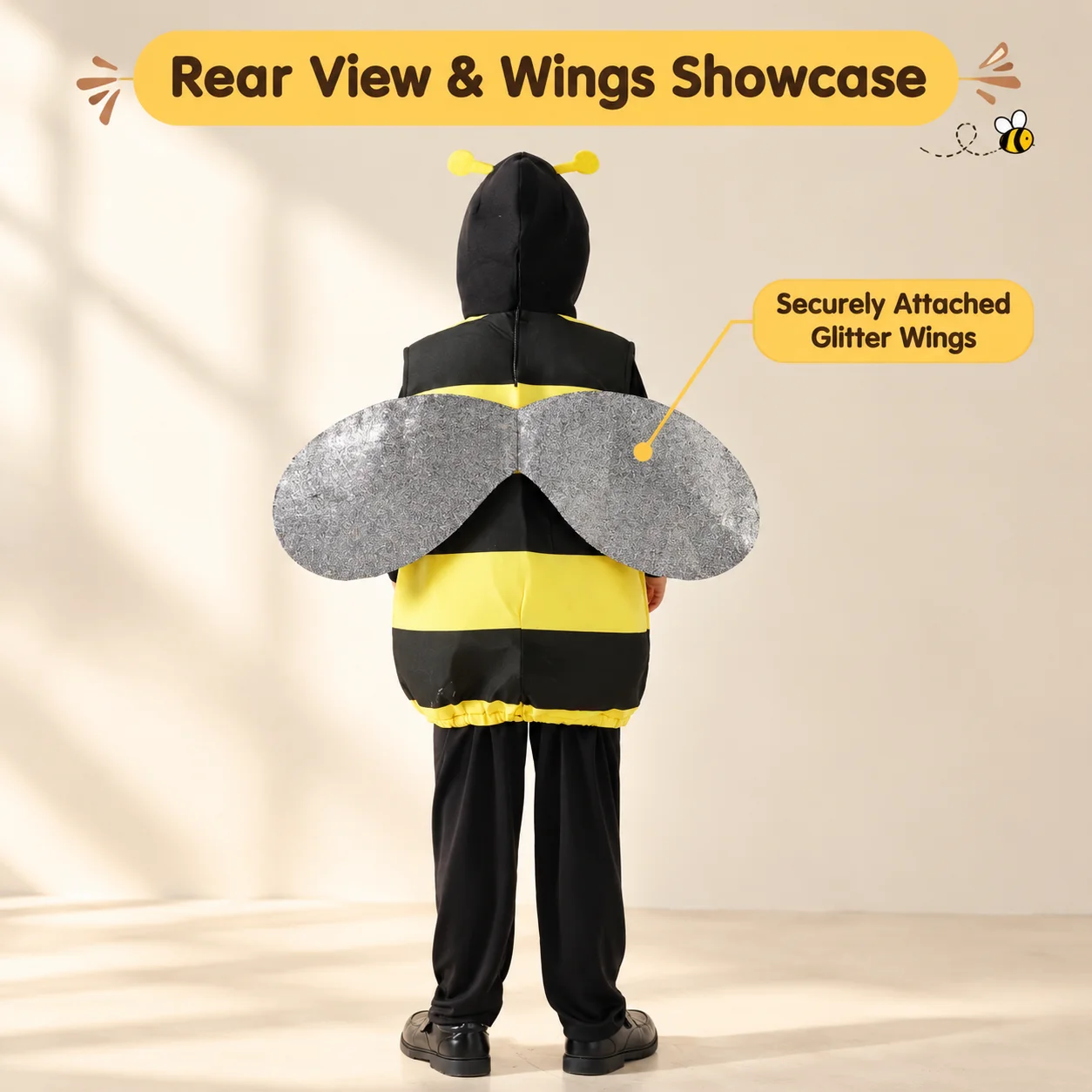 Kids Bee Outfit, Children Bee Sleeveless Hooded Vest with Wings, Party costumes, halloween costumes, cosplay carnival costumes - view 3