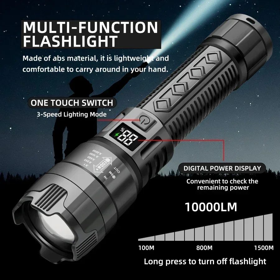 High Power Flashlight Strong Light Long Range LED Tactical Torch USB Rechargeable Telescopic Zoom Outdoor Camping Riding Lantern