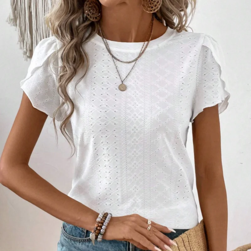 تي شيرت نسائي كاجوال بأكمام قصيرة بلون سادة مجوف ملابس نسائية صيفية للارتداء اليومي