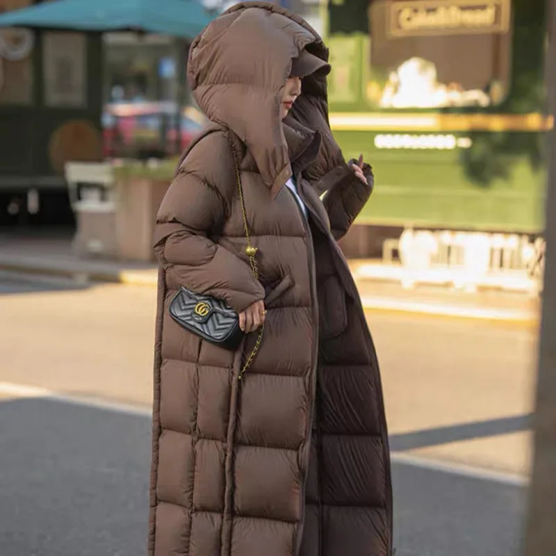 

Пуховик женский, роскошный длинный пуховик с капюшоном, новое белое пальто на утином пуху, женские зимние парки с пушистыми перьями, женское пальто