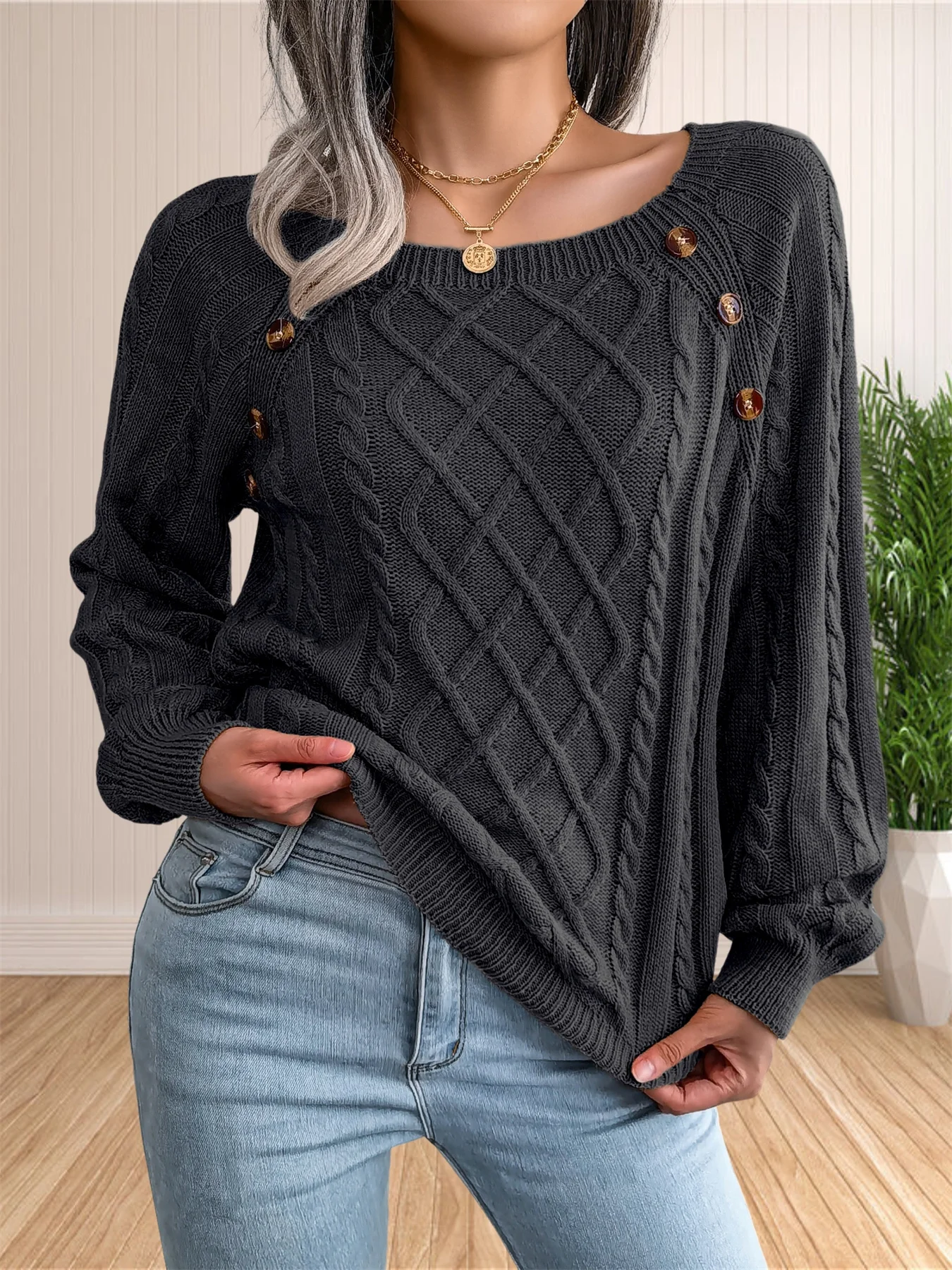 Women\'s Sweaters Casual Cable Knit Sweater Button Decor Long Sleeve Pullover Knitwear Crewneck Jumper Top