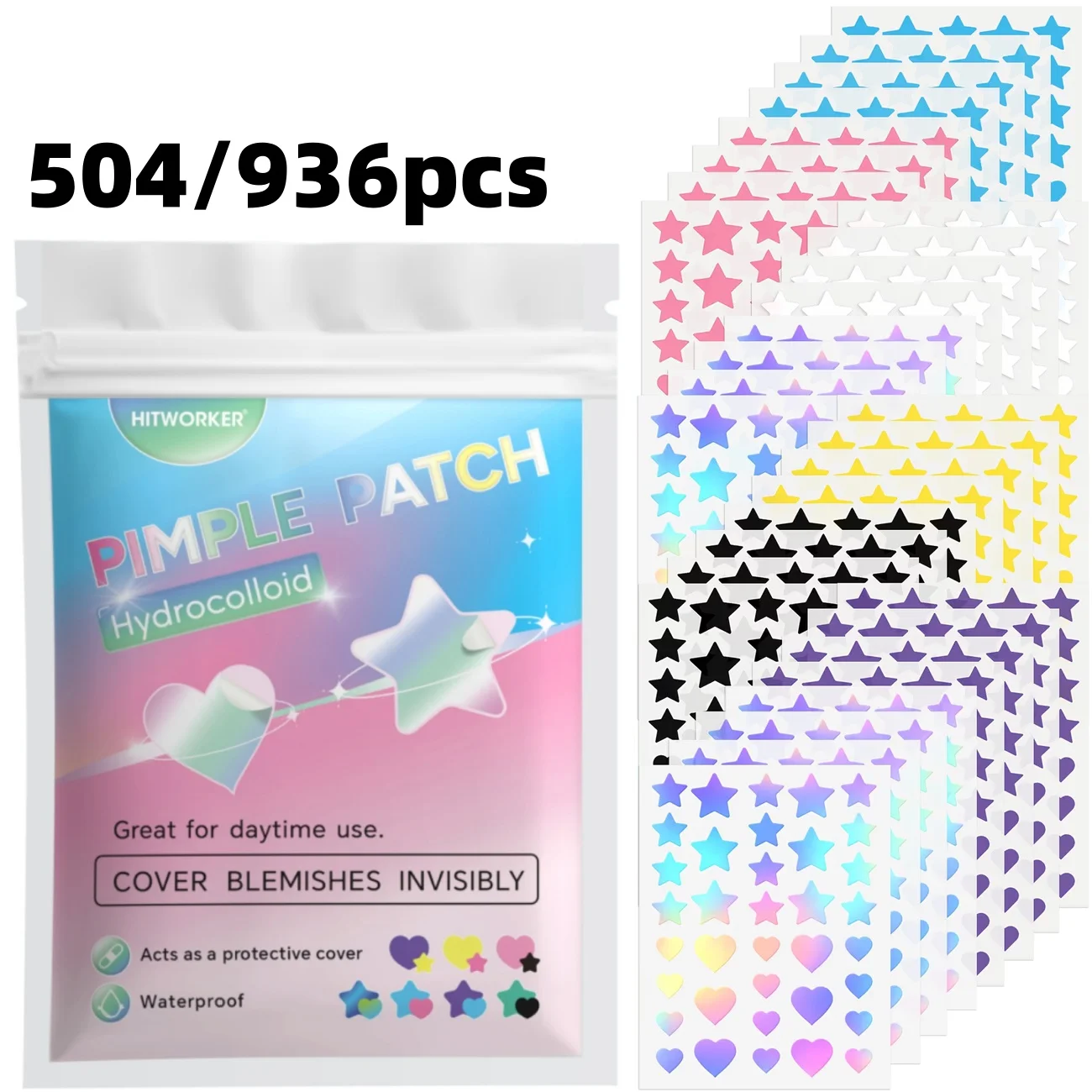 504/936pcs Star Heart & Holographic 7 Colors Acne Patches, Cute Cartoon for Women Cover Conceal Cleanse Youthful