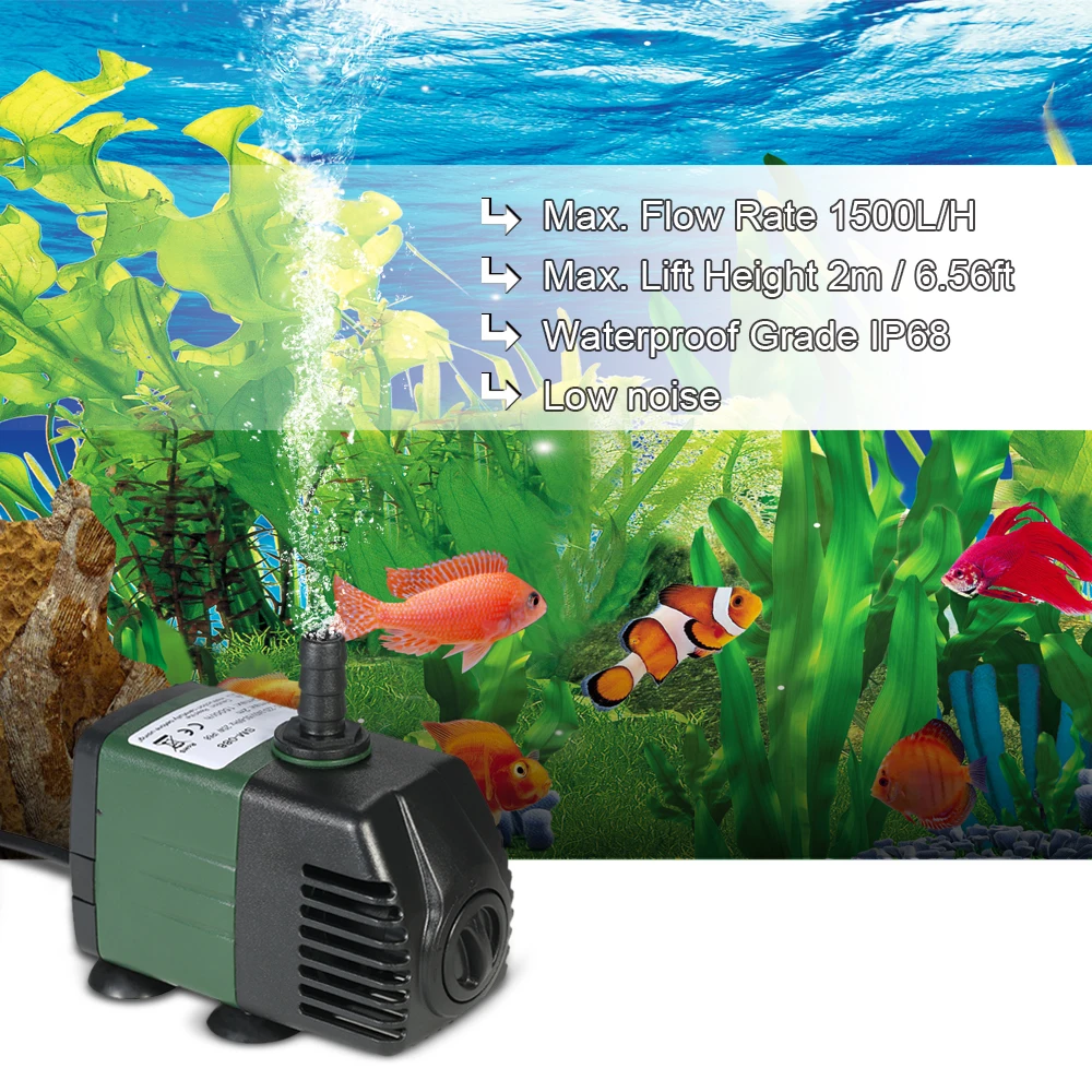 1500L/H 25W Submersible Water Pump for Aquarium Tabletop Fountains Pond Water Gardens and Hydroponic Systems with 2 Nozzles