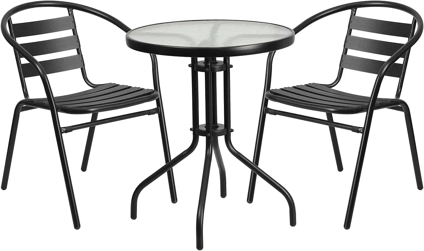 23.75'' Round Glass Metal Table With 2 Black Metal Aluminum Slat Stack Chairs