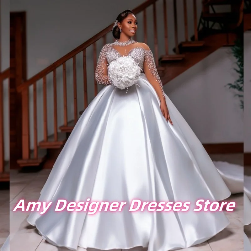 Delicate African High Neck A-Line Wedding Dresses For Females See Through Sleeves Luxurious Beaded Long Bride Gowns Customized