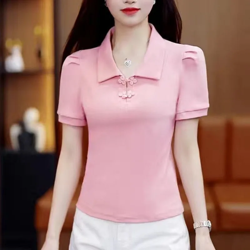 Summer Short Sleeve T-shirts Women\'s 2024 New Fashion Chinese Style Button Lapel Patchwork Pleated Solid Color Polo Shirts Tops