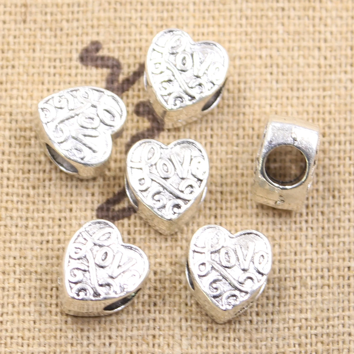 15pcs 10x9x7mm Heart With Love 4.5mm Big Hole Bead Charm Fits Antique Silver Color Charm Bracelets Wholesale DIY Making fit