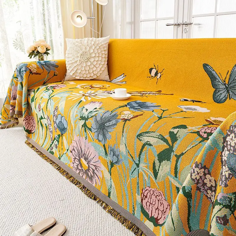 American Pastoral Style Sofa Towel Country Flower Printing Dust-Proof Couch Covers Double Face Usable Cozy Furniture Protector