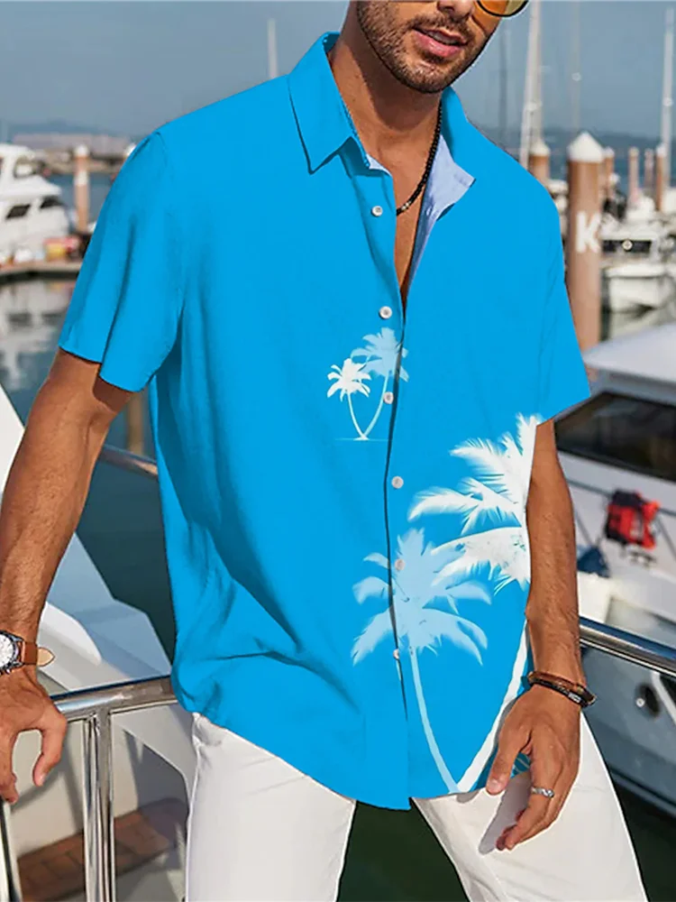 Camisa masculina de manga curta, estilo havaiano, camisa casual de verão, todos os dias, moda masculina, praia, festa, camisa masculina, estampa de árvore de coco