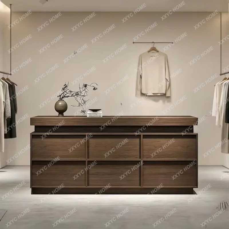 XXWalnut colored clothing women's clothing store cashier, small painted bar counter, front desk reception