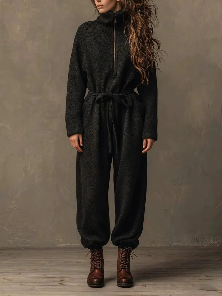 Women Fashion Loose Solid Color Jumpsuit Fall Winter Casual Long Sleeve Pockets Romper Elegant Hight Waist Stand Collar Playsuit
