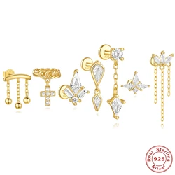 AIDE 925 Sterling Silver Crown Rivets Zircon Stud Earring For Women Round Flat Piercing Ear Bone Studs Body Puncture Jewelry 1PC