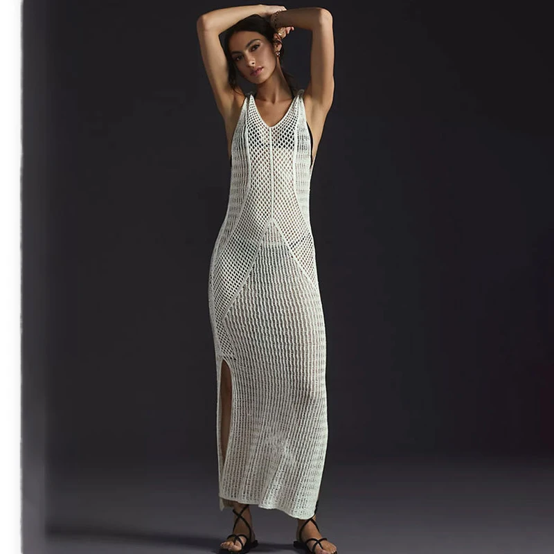Para Praia 10 Colors Sweimsuit Cover Ups Long Crochet Beach Dress 2024 Women Swimwear Cover Sexy Split Polka Maxi Beach Dress