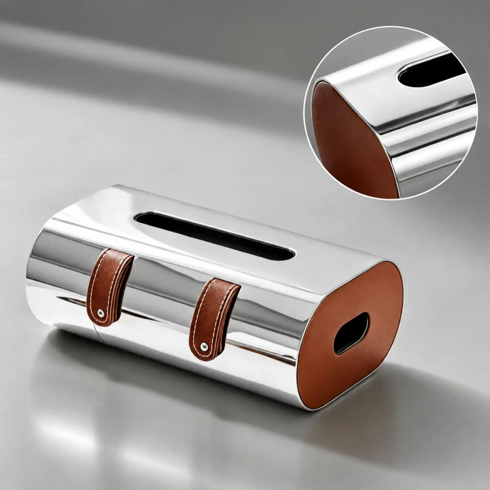 Contemporary Table Napkin Box in Polished Steel with Rivet Embellishment for Lounge Area and Entryway