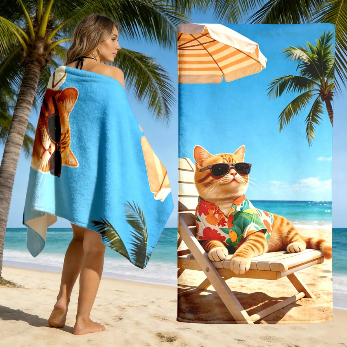 Hawaiianisches Strandtuch mit Katzenmuster, Unisex, saugfähig, tragbar, für Strand, Pool, Fitness, Camping, Tauchen, Surfen, Sommer-Essential, Geschenk