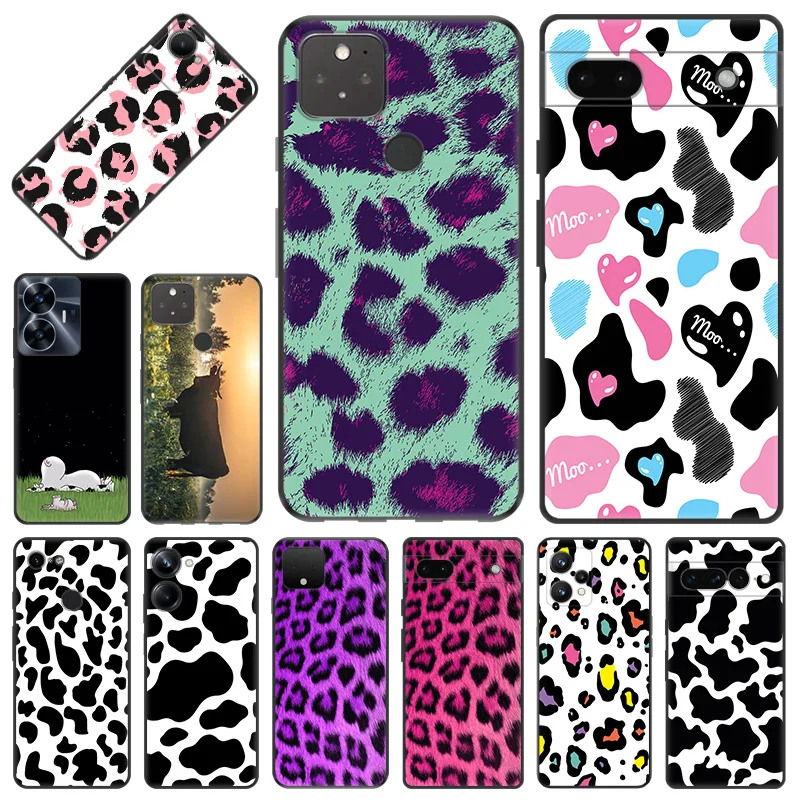 Telefon kılıfı için Pixel 8 Pro 8a 7a 7 6 Motorola G200 Edge 40 30 20 One Fusion Renkli Inek Leopar Cilt Yumuşak Siyah Anti-Drop Kapak