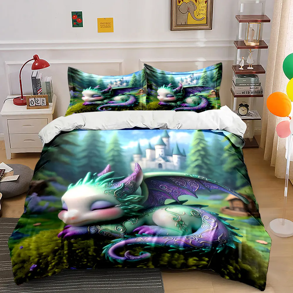 Sleeping dragon with forest castle Print Bedding Set 1 Duvet Cover 2 Pillowcases for Adult and Children Luxury Gift Full Size