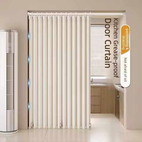 Invisible Folding Door Curtain No Drilling,Thick Polyester Gauze, Blackout Thermal,Magnetic Buckle,Easy Care for Kitchen Bedroom