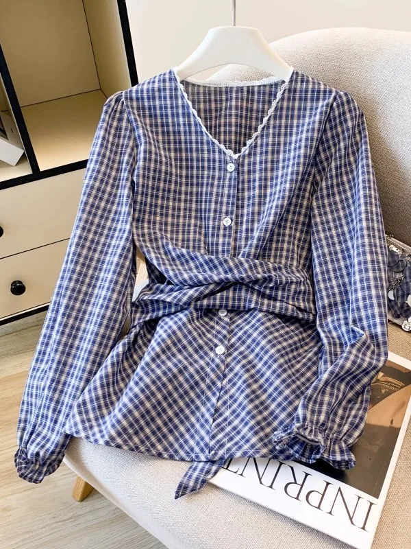 

Новинка осени: Женская блузка с длинным рукавом, приталенная, с кружевной отделкой, в клетку, универсальная, стройнящая, модная.