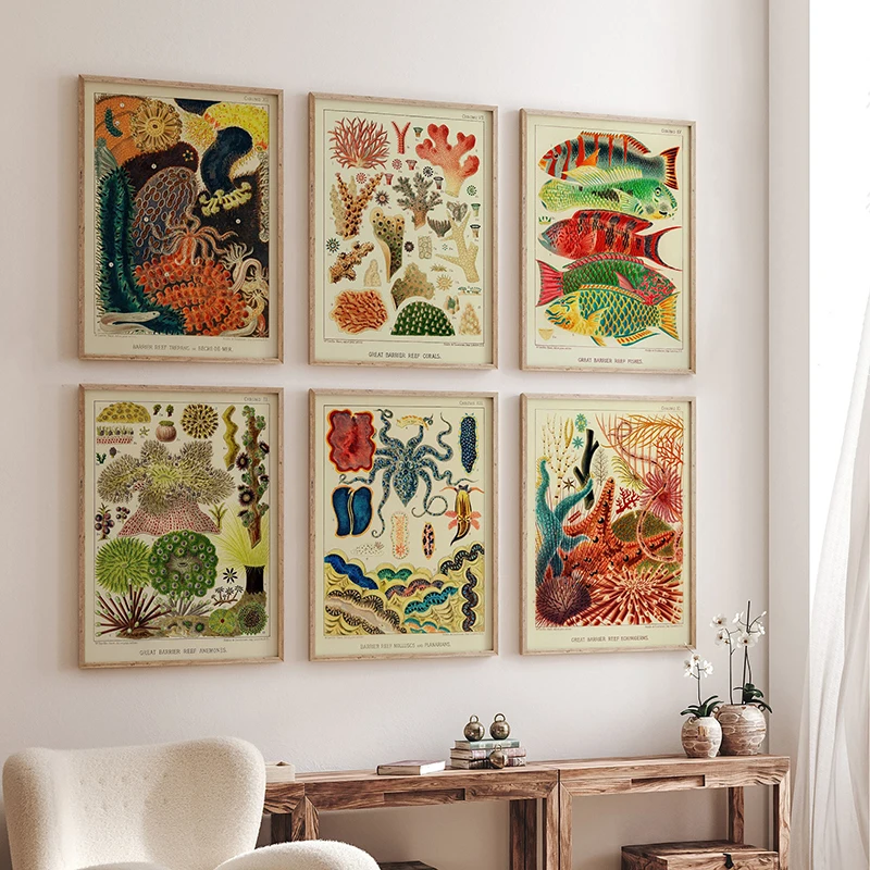 لوحة قماشية عتيقة لديكور المنزل ، لوحة جدارية مطبوعة ، صورة للغرفة ، المنزل ، الغرفة ، الشعاب المرجانية ، البحر الملون ، الأسماك ، المحيط ، النباتات ، الطحلب