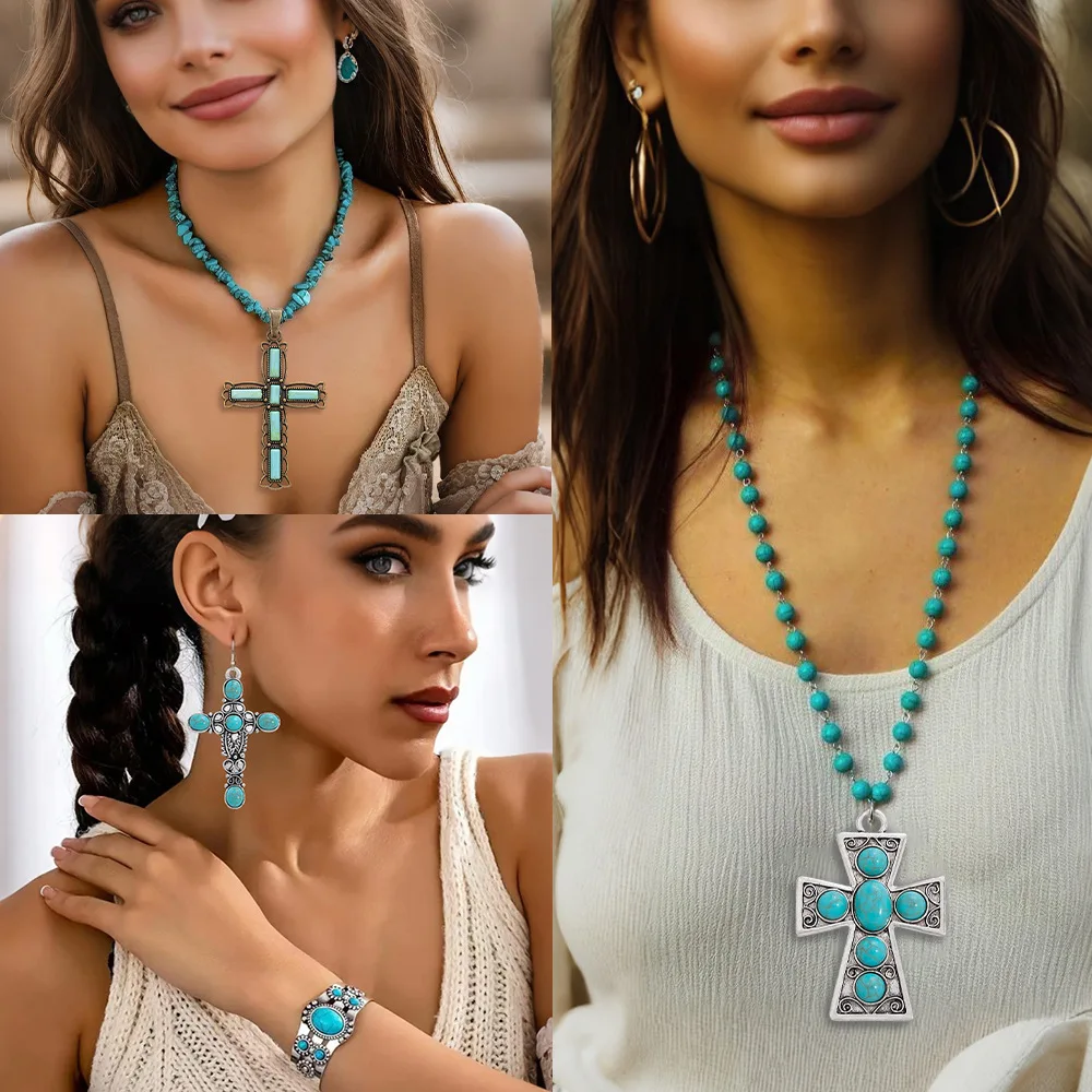 십자가 펜던트, 보헤미안 청록색 목걸이 펜던트, DIY 합금 주얼리, 의류 액세서리