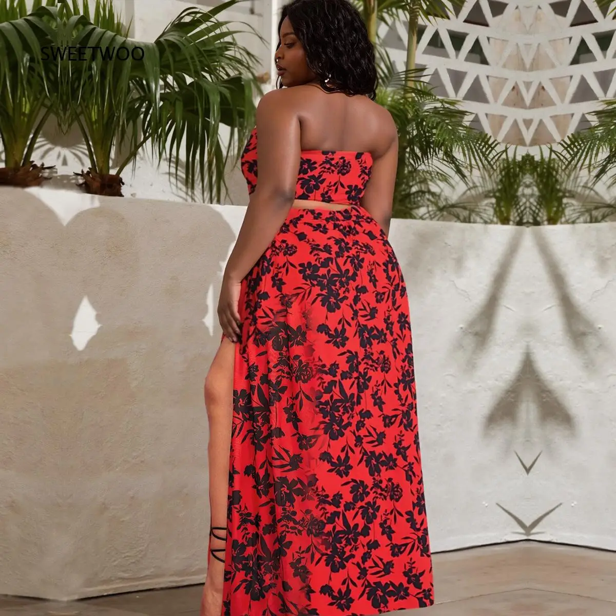 Plus Size Women Floral Print 2 Piece Swimsuit Set Halter Neck Cutout One Piece Monokini With High Slit Long Sheer Cover Up Dress