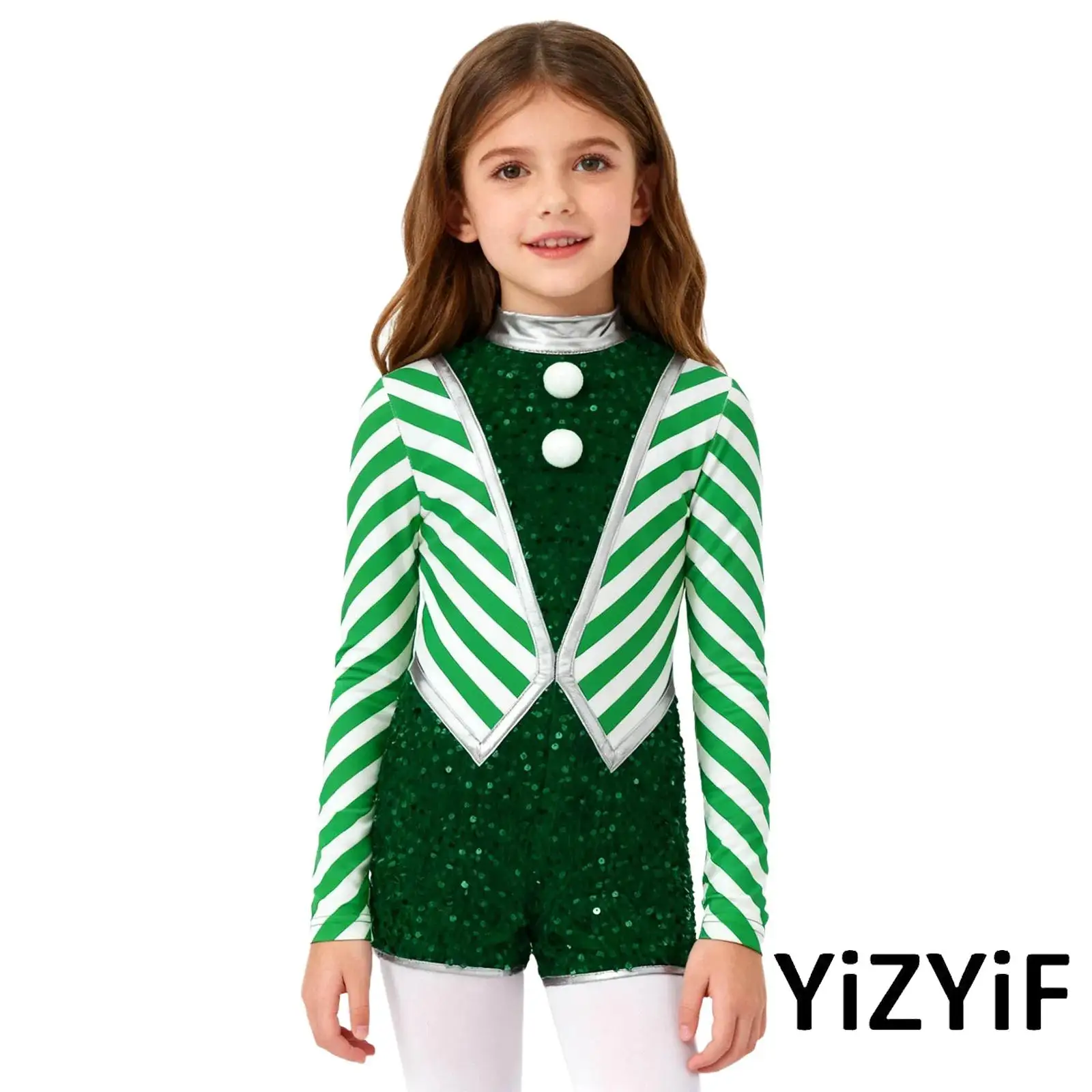 

Girls Christmas Cosplay Jumpsuit Mock Neck Long Sleeve Stripes Sequins Pompoms Romper Xmas Princess Party Candy Cane Costume