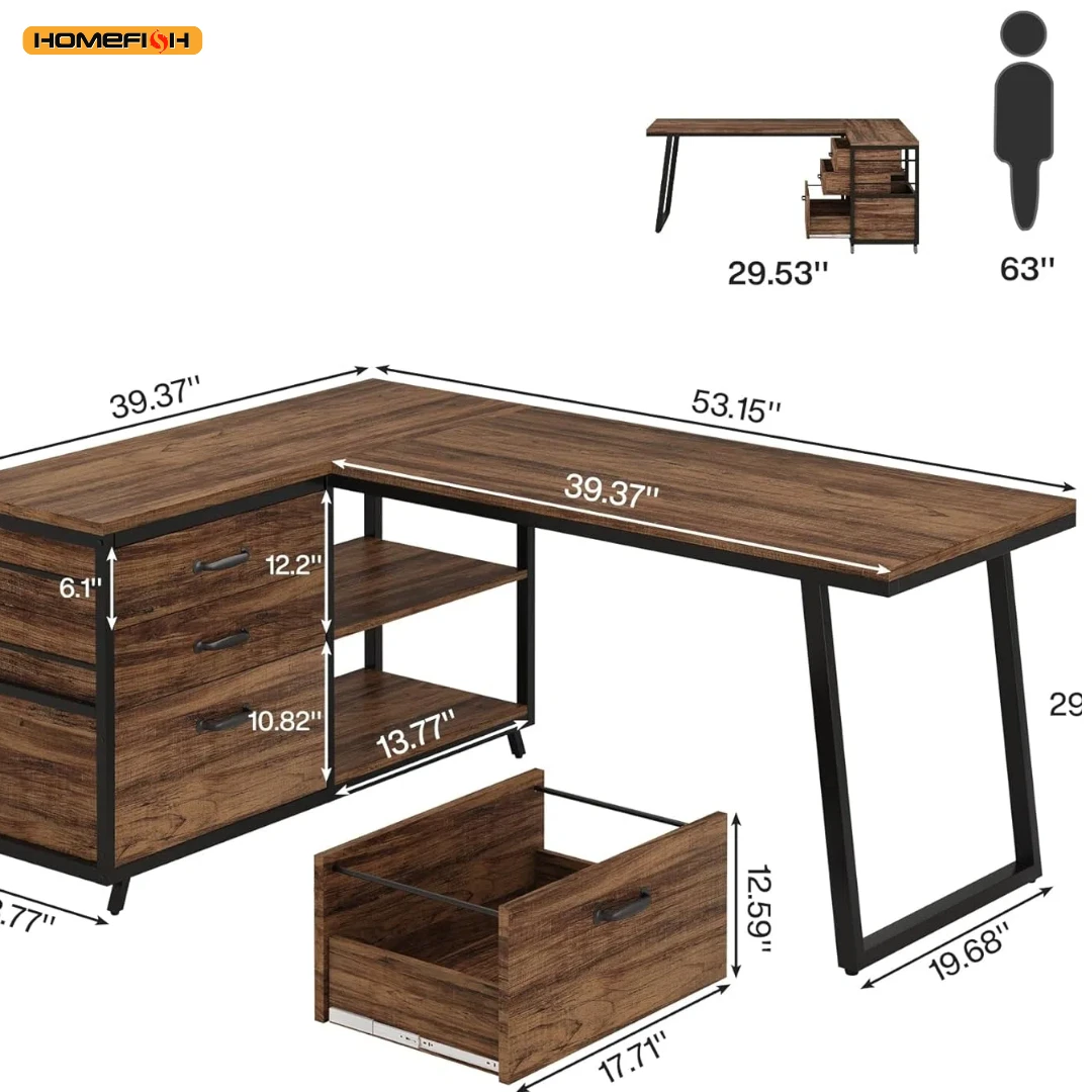 مكتب مكتب على شكل حرف L، مكتب كمبيوتر زاوية قابلة للعكس مع 3 أدراج ملفات ورفين تخزين للمكتب المنزلي والدراسة #6