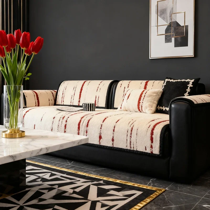 Luxury Plush Sofa Cover for Living Room Non-Slip Red Sofa Cushion Mat Simple Style Hairy Sofa Towel Home Couch Christmas Decor