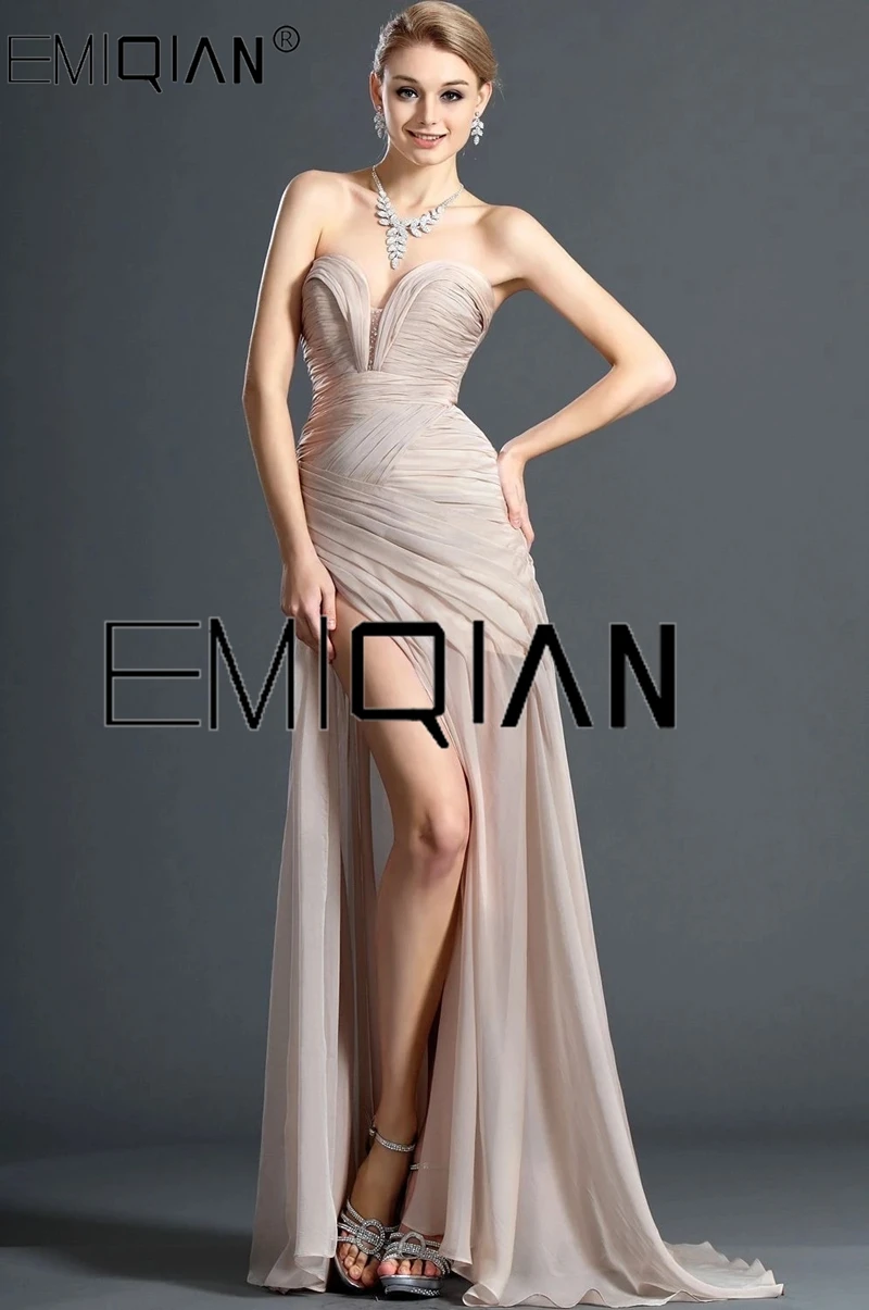 

New Strapless Notched Neckline High Slit Champagne Chiffon Evening Dresses