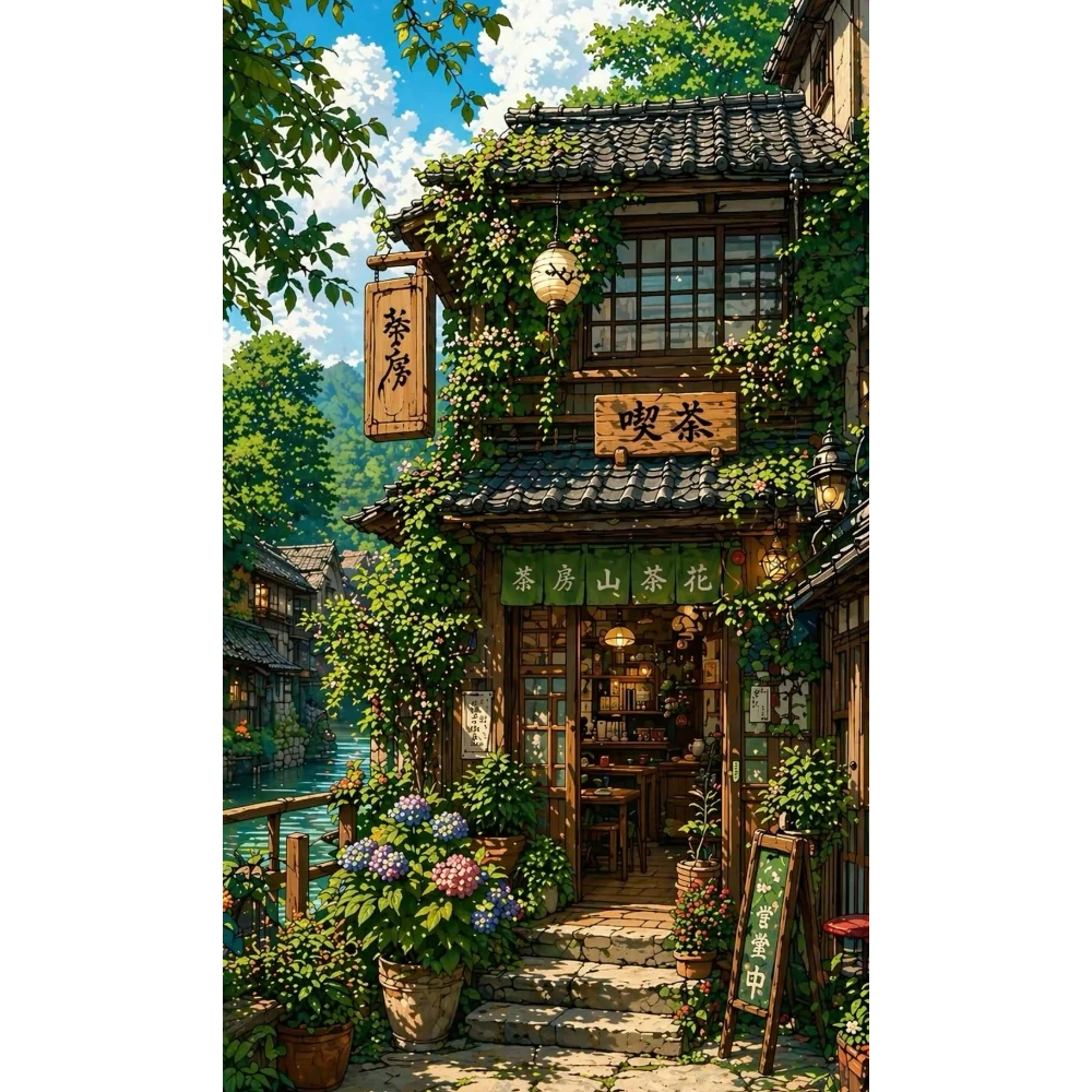 500/1000/1200/2000 PCS Jigsaw Puzzles Quiet Tea House Landscape Family Activity Games for Gameroom Bedroom Home Decor Gift