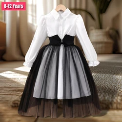 8-12Y Dress for Girls Elegant Party Children Dresses Girls Dress Long Sleeve Pure White Casual Girls Clothing Soft Ventilate