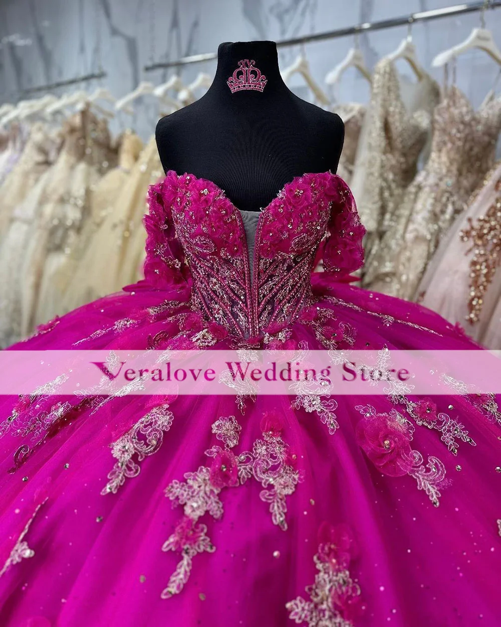 Veralove Hot Pink Quinceanera Dresses with Lace Charro Vestido De 15 Años 2024 Off the Shoulder Sweet 16 Prom Gowns Customized