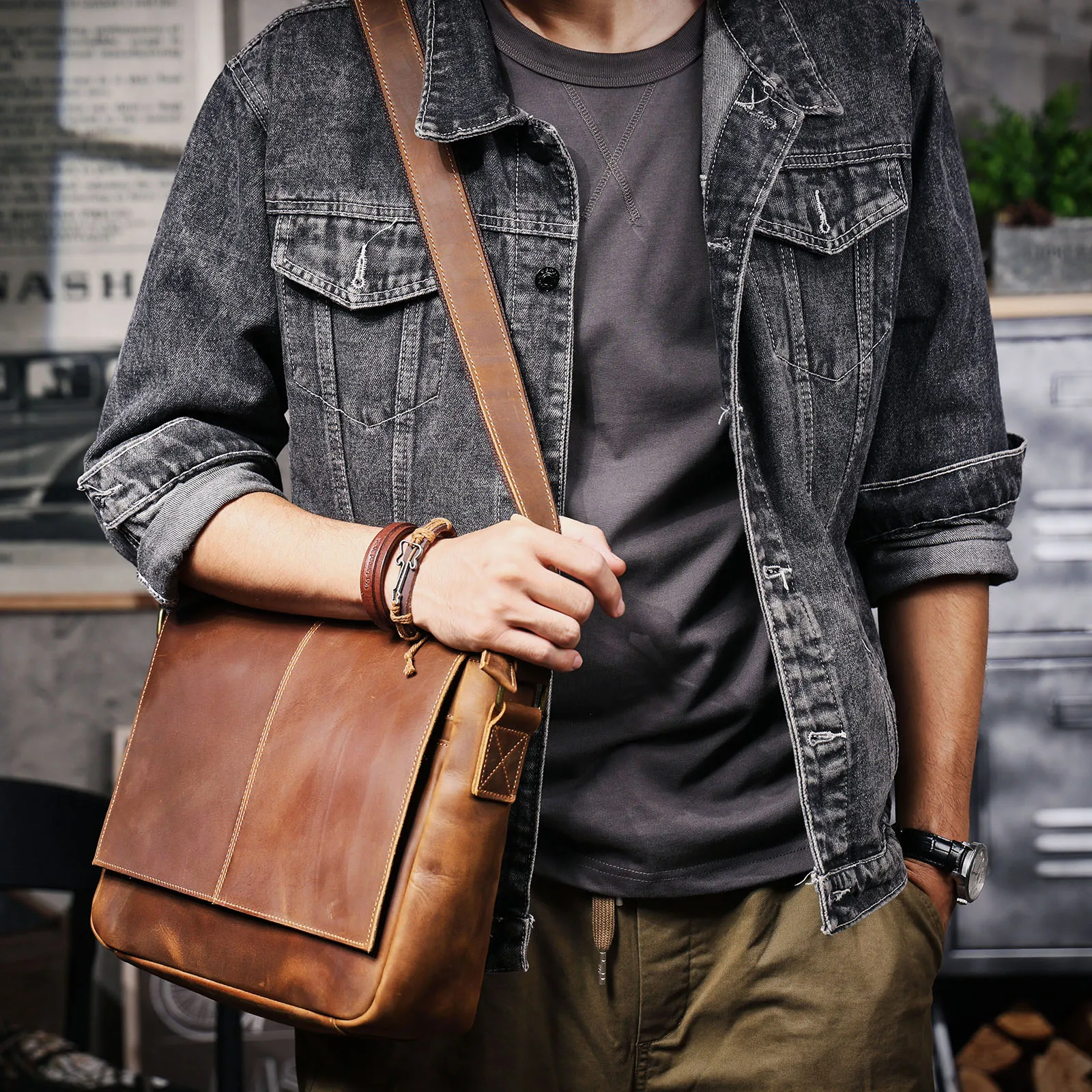 Vintage Herren-Aktentasche aus echtem Leder, 15-Zoll-Laptoptasche, Messenger-Taschen für Arbeit und Business, Crazy Horse Rindsleder-Handtasche für Männer, La – Detail 6