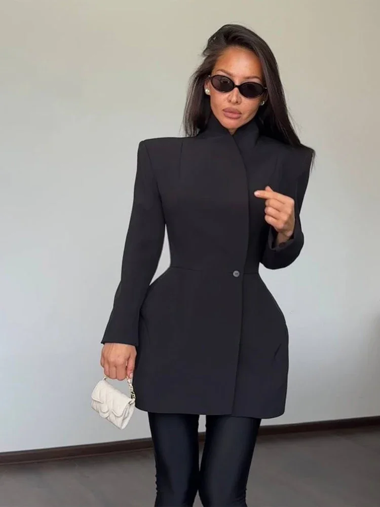 

Women Waist Cinching Suit Jacket V-neck Full Sleeve Single Button Shoulder Pad Elegant Slim Lady Coat Fashion Commute Wear New