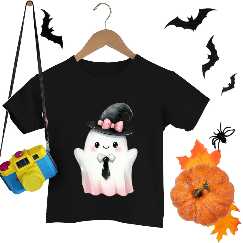 

Cute Halloween Ghost Print T-shirt Short Sleeve Round Neck Tshirt Casual Children Boys Girls Tops Happy Halloween T-shirts