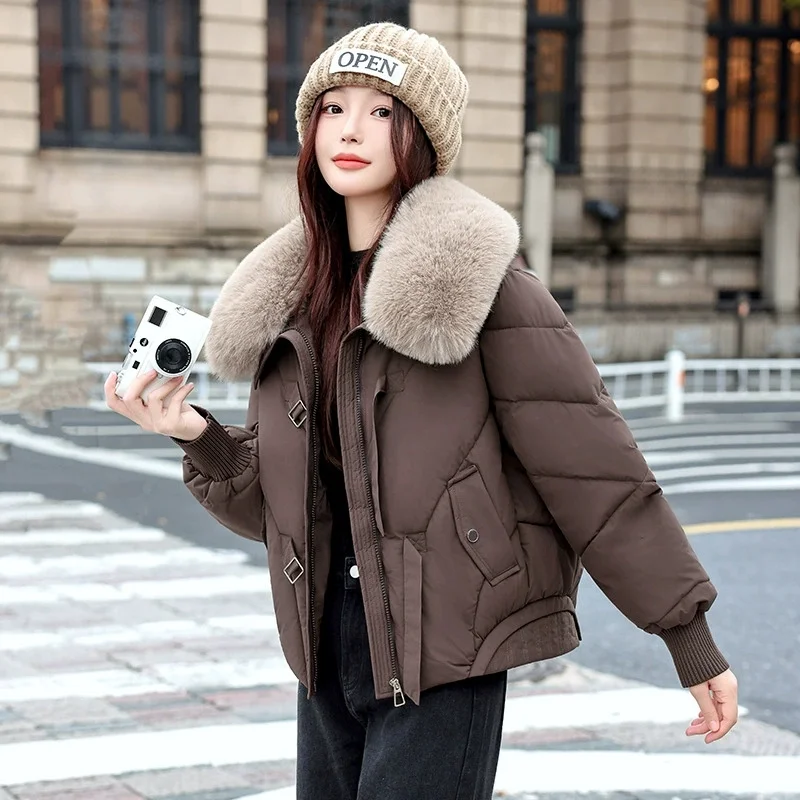 2025 Fashion Big Fur Collar Winter Parkas Women's Short Cotton-padded Jacket Thicken Warm Coat Streetwear Lady Loose Outerwear