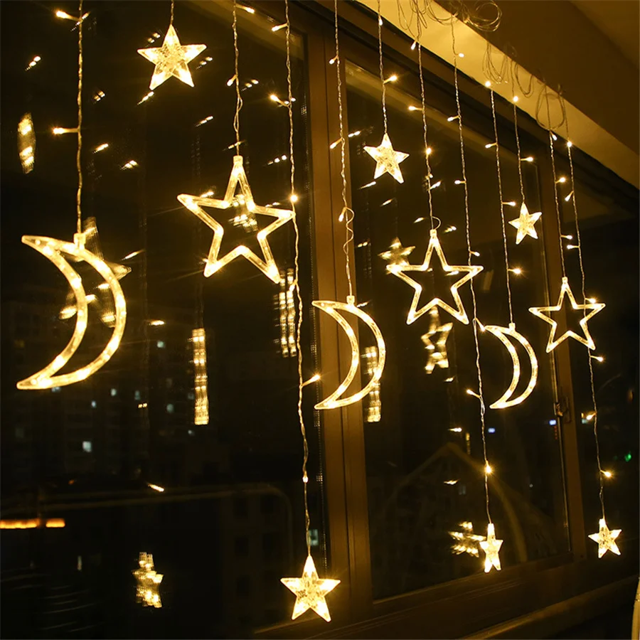 

220V EU Plug 3.5M Moon Star Curtain Lights 8 Modes Christmas Garlands LED Fairy String Lights for Party Wedding Bedroom Decor