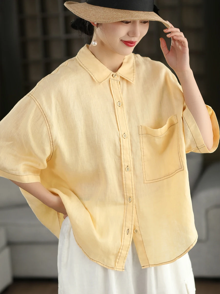 

Retro Washed Linen Shirt Jacket Casual mid Sleeve Turn-down Collar Women's Loose Fit Breathable Summer Top Garden Beauty